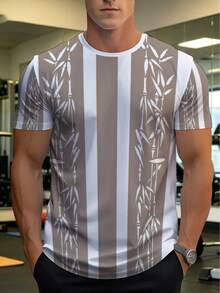Camiseta con estampado de hojas de rayón de bambú - Camiseta transpirable de manga corta y cuello redondo con tejido de rayón de bambú y poliéster de cuerpo completo, adecuada para gimnasio, - Negro - Ver 1