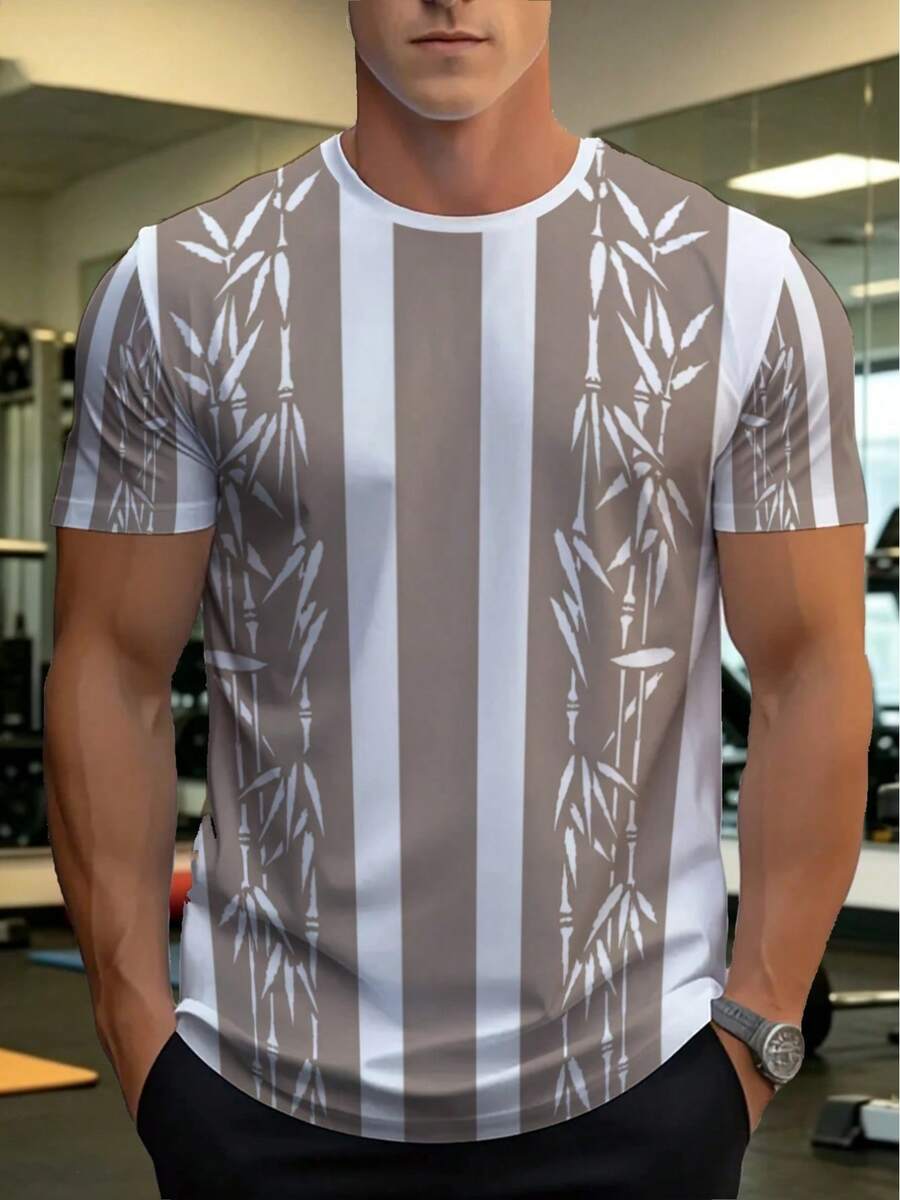 Camiseta con estampado de hojas de rayón de bambú - Camiseta transpirable de manga corta y cuello redondo con tejido de rayón de bambú y poliéster de cuerpo completo, adecuada para gimnasio, - Negro - Ver 1