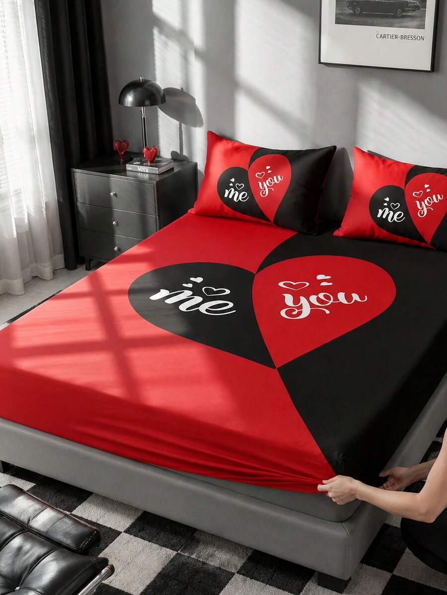 1pc Red Heart Digital Print Fitted Sheet, Mattress Protector, Bed Cover, Room Decor, Dust-Proof Anti-Slip, Skin-Friendly Breathable, Super Soft Lightweight, Suitable For Twin/Full/Queen/King Size Beds, All Season, Machine Washable, Pillowcase And Duvet Cover Not Included