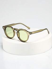 1pc Unisex Retro Round Small Frame Minimalist Fashion Glasses, Suitable For Travel, Holidays, Beach And Daily Wear - Green Frame Green Film - View 3