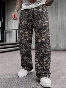 Men's Leopard Print Wide Leg Drawstring Loose Casual Outdoor Sports Streetwear Sweatpants - Black - View 1