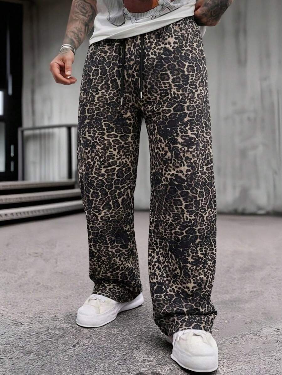 Men's Leopard Print Wide Leg Drawstring Loose Casual Outdoor Sports Streetwear Sweatpants - Black - View 1