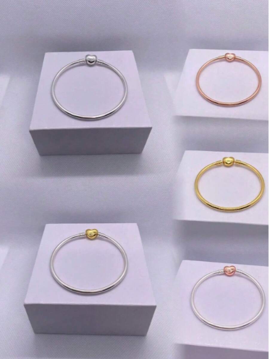 1pc Fashion Women's Round Button DIY Pendant Snake Chain Bracelet, Suitable For Daily Wear, Perfect Holiday Gift For Women - Classic Heart Clasp Bracelet - View 1