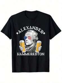 Alexander Hammeredton Beer Party Graphic T-Shirt - Men's Casual Summer Crew Neck Tee, Smooth Texture Cotton Shirt With Patriotic Alexander - Black - View 1