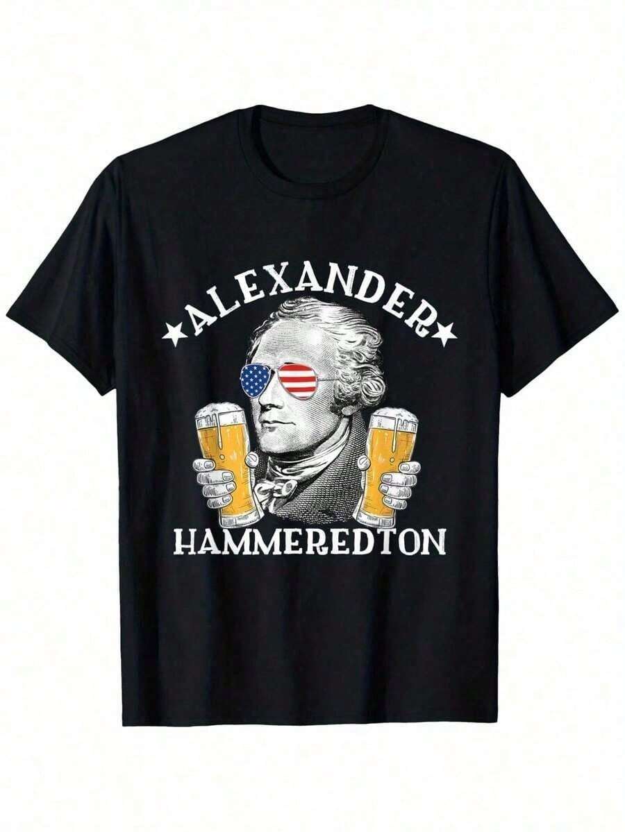Alexander Hammeredton Beer Party Graphic T-Shirt - Men's Casual Summer Crew Neck Tee, Smooth Texture Cotton Shirt With Patriotic Alexander - Black - View 1