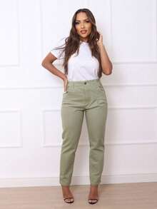 Women's Traditional Jeans With Metal Button - Olive Green - View 6