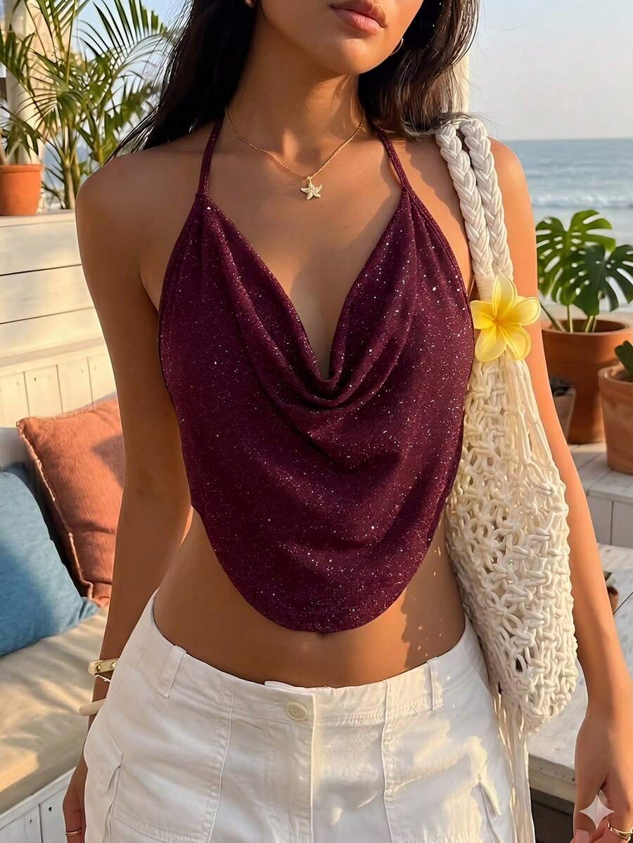 Backless Halter Neck Top With Draped Borders And Solid Design - 波爾多 - 查看 1