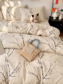 2/3 pièces Ensemble de housse de couette imprimé branche de fleur de prunier beige, sans rembourrage de couette, literie ultra douce et respirante pour toutes les saisons, 1 housse de couette avec 1/2 taies d'oreiller, design bicolore, lavable en machine, taille Twin/Full/Queen/King pour la chambre - Multicolore - Voir 4