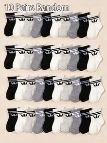 10 Pairs Kids Random Solid Color Short Socks With Classic Stripes And Leaf Patterns, Available In Black/White/Grey Neutral Colors. Breathable Children's Socks For Daily Wear And Playtime, Versatile Multi-Color Style Suitable For All Seasons, Practical Birthday Gift For Active Kids. - Multicolor - View 8