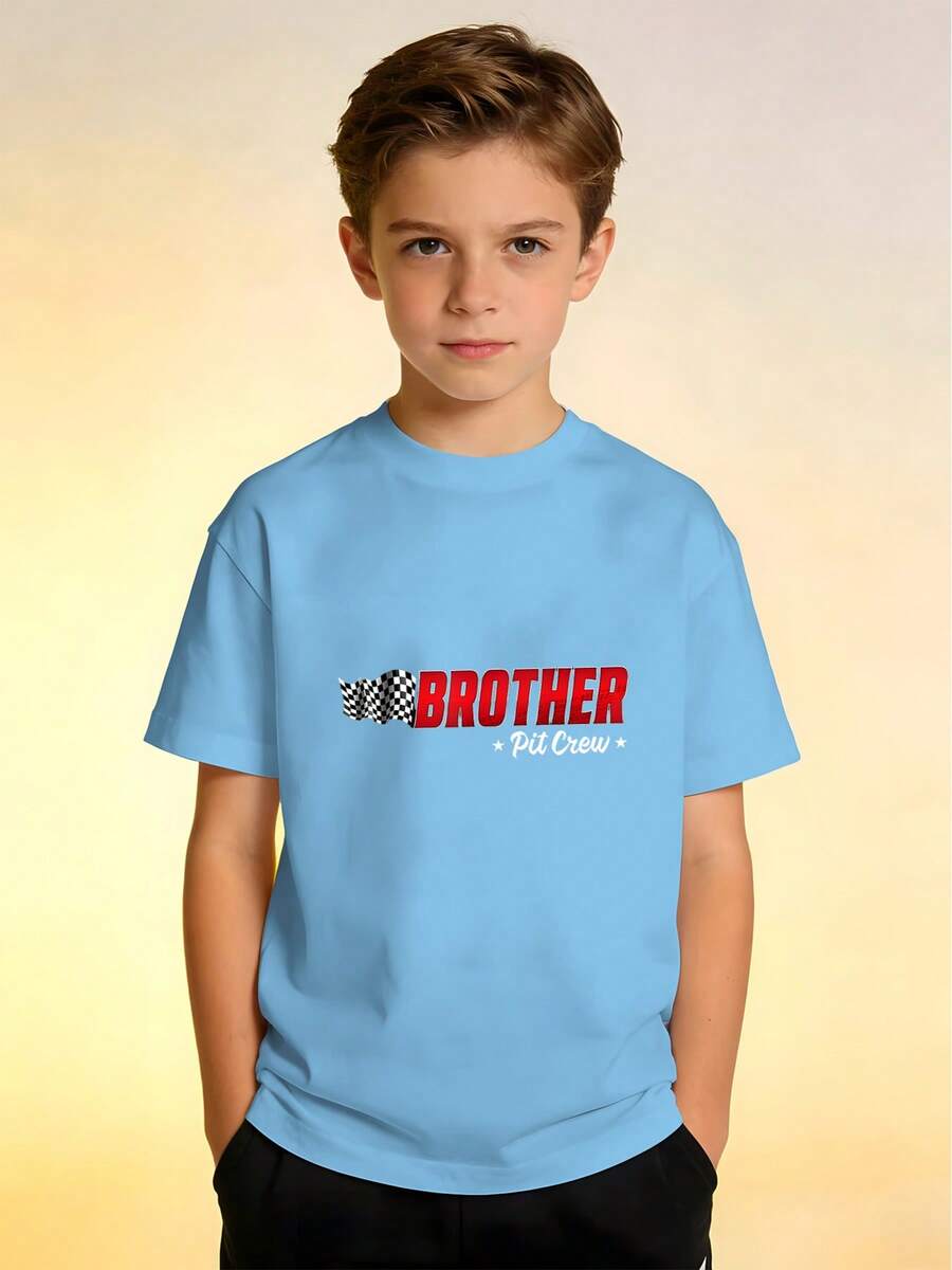 1 pieza Camiseta de niño con gráfico humorístico de Brother Pit Team Racing, popular para cumpleaños y fiestas familiares, estilo urbano. - Azul - Ver 1
