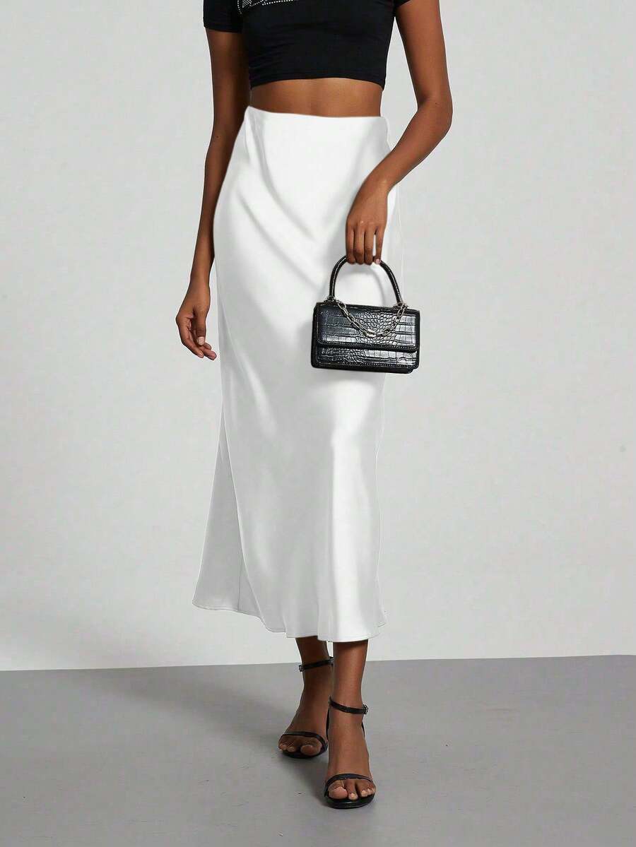 Falda drapeada de estilo europeo y americano, de cintura alta, elegante, ajustada y recta. - Blanco - Ver 1