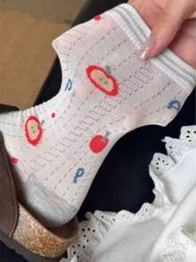 4 Pairs Cute Cartoon Printed Mid-Calf Socks, Soft & Breathable Apple & Puppy Pattern, Suitable For Daily Wear And School - Multicolor - View 3