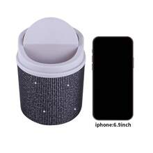 1pc Rhinestone Decorated Trash Can, Swivel Cover Desk Organizer Suitable For Makeup Vanity, Bedroom, Office - Multicolor - View 3