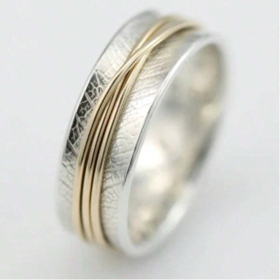Anillo tallado de pluma de doble tono vintage, textura elegante, accesorio discreto para el uso diario - Plateado - Ver 1