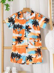 2pcs/Set, Little Boy, Soft & Comfortable, Casual & Cute, Coconut Palm Print Shirt And Sports Shorts, Boys Outfit, Boys Clothing, Boys Summer Clothing, Suitable For Daily Wear, Vacation, Party, Outdoor Activities - Multicolor - View 2