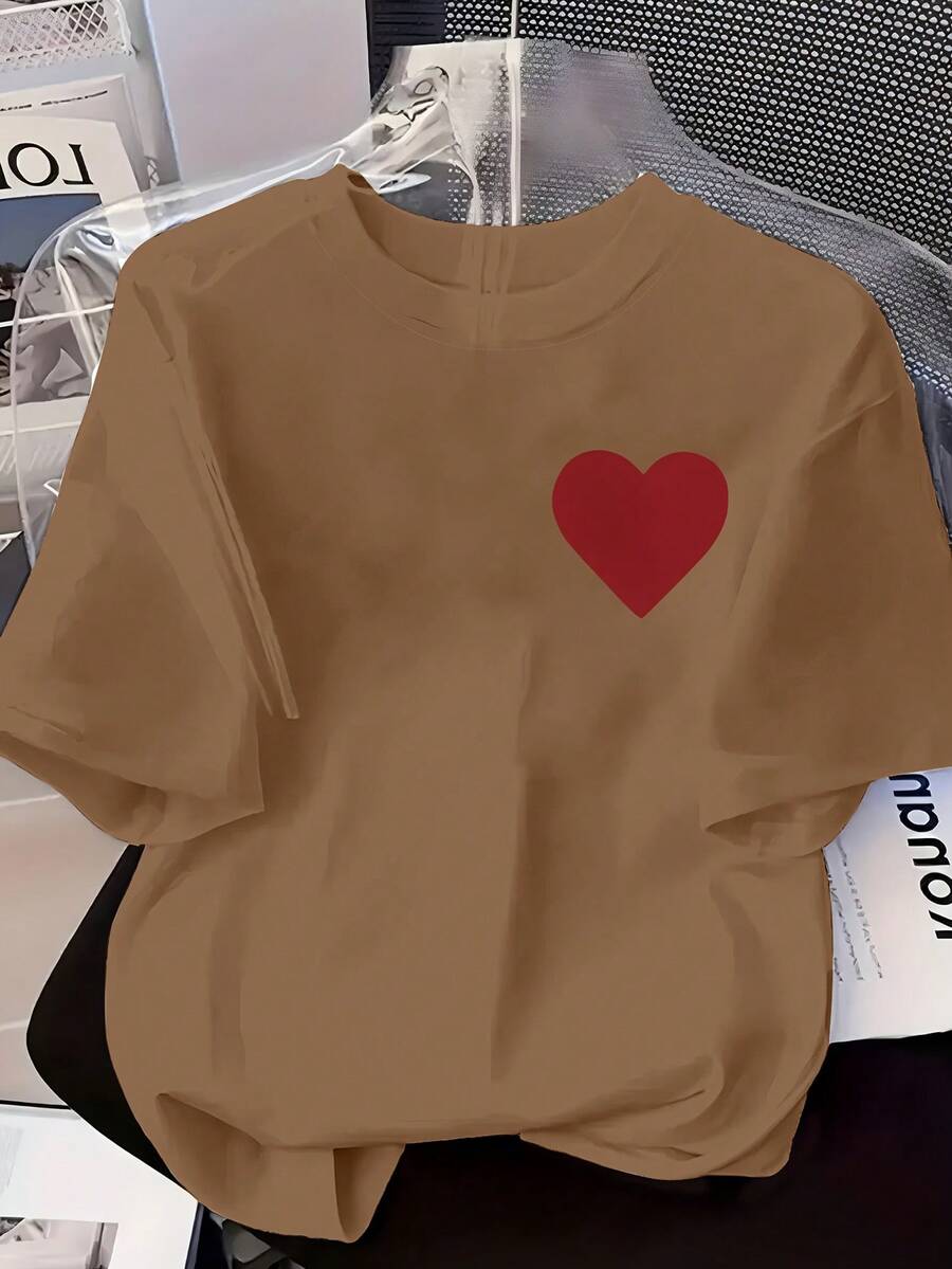 Short-Sleeved T-Shirt With Round Neck And Red Heart Print 9TDB - Mocha Brown - View 1