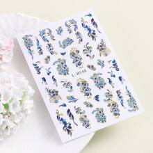 Chinese Vintage Blue White Porcelain Nail Stickers 3 Sheets, Embossed Blue Floral Gold Foil Flower Leaf Nail Decals, Self Adhesive Waterproof Nail Art Transfer Sliders Design For Natural Fake Press On Nails DIY Manicure Accessories - Multicolor - View 7