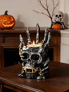 1pc Gothic Skeleton Candle Holder, Bone Hand Flame Illusion, Chain And Horn Details, Spooky Home Decor, Halloween Party Tabletop Centerpiece, Punk Rock Style Ornament - A - View 3