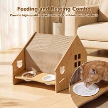 EZIFY Cat House Villa, Integrated Design With Food Bowl, Sturdy Load-Bearing, Floating Food Bowl, No Floor Space Occupied, Two-In-One Eating And Resting For Cats, Natural Wood Simple Style - 43*48*41cm - 查看 4