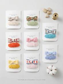 Retro Scalloped Edge Floral Ribbon Bow Combo Hair Clips, Soft Curly Fuzzy Plush BB Hair Pins, Neutral Tone Aesthetic Hair Decor Accessories - Multicolor - View 3