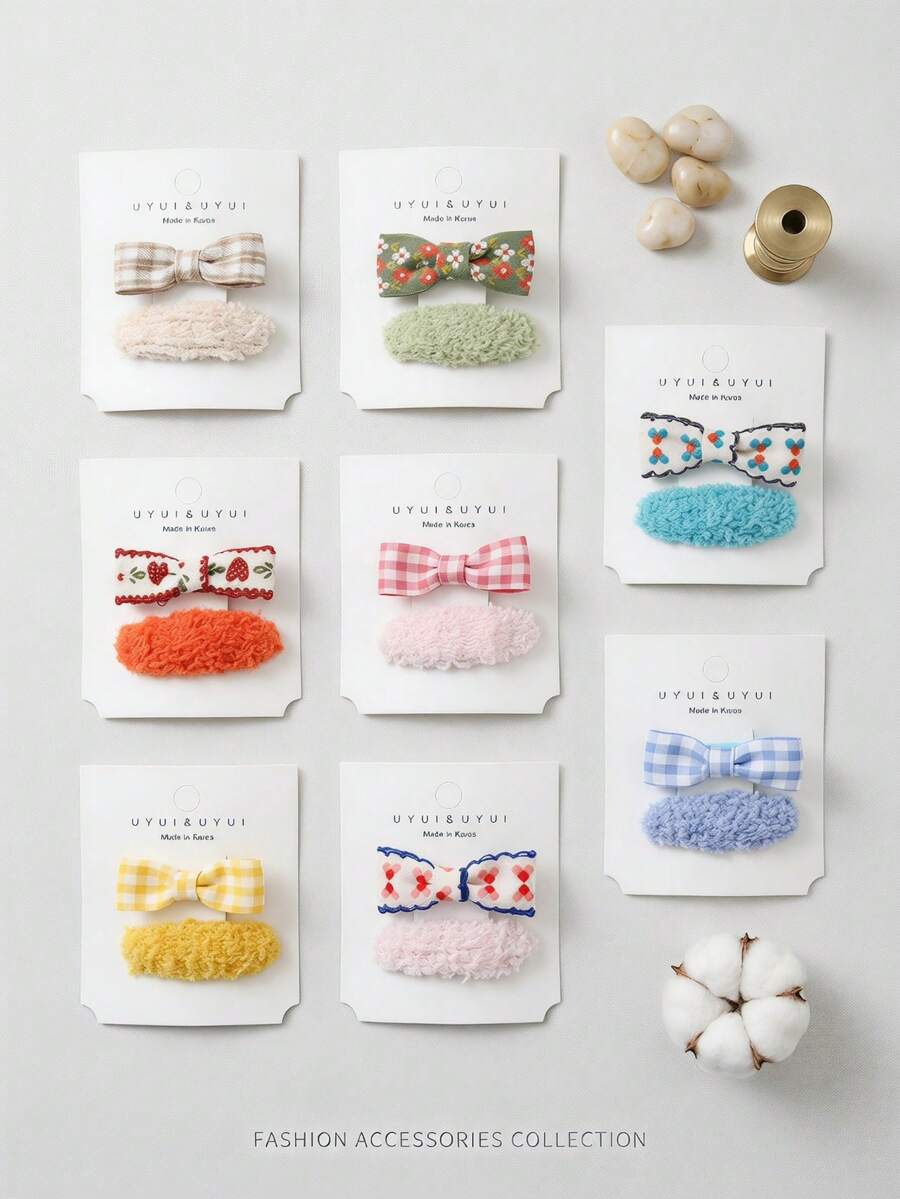 Retro Scalloped Edge Floral Ribbon Bow Combo Hair Clips, Soft Curly Fuzzy Plush BB Hair Pins, Neutral Tone Aesthetic Hair Decor Accessories - Multicolor - View 1
