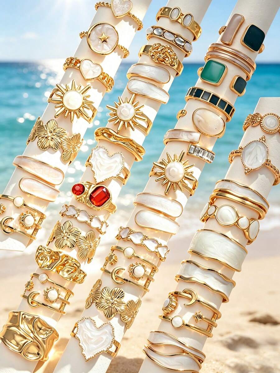 13/8/7pcs Elegant Fashion Vintage Old Money Style Floral Oil Drop Heart Star Moon Asymmetric Geometric Stackable Knuckle Ring Set For Women, Daily Wear, Date, Party, Versatile Accessory Jewelry, Perfect Gift For Birthday, Female Friends - Yellow Gold - View 1