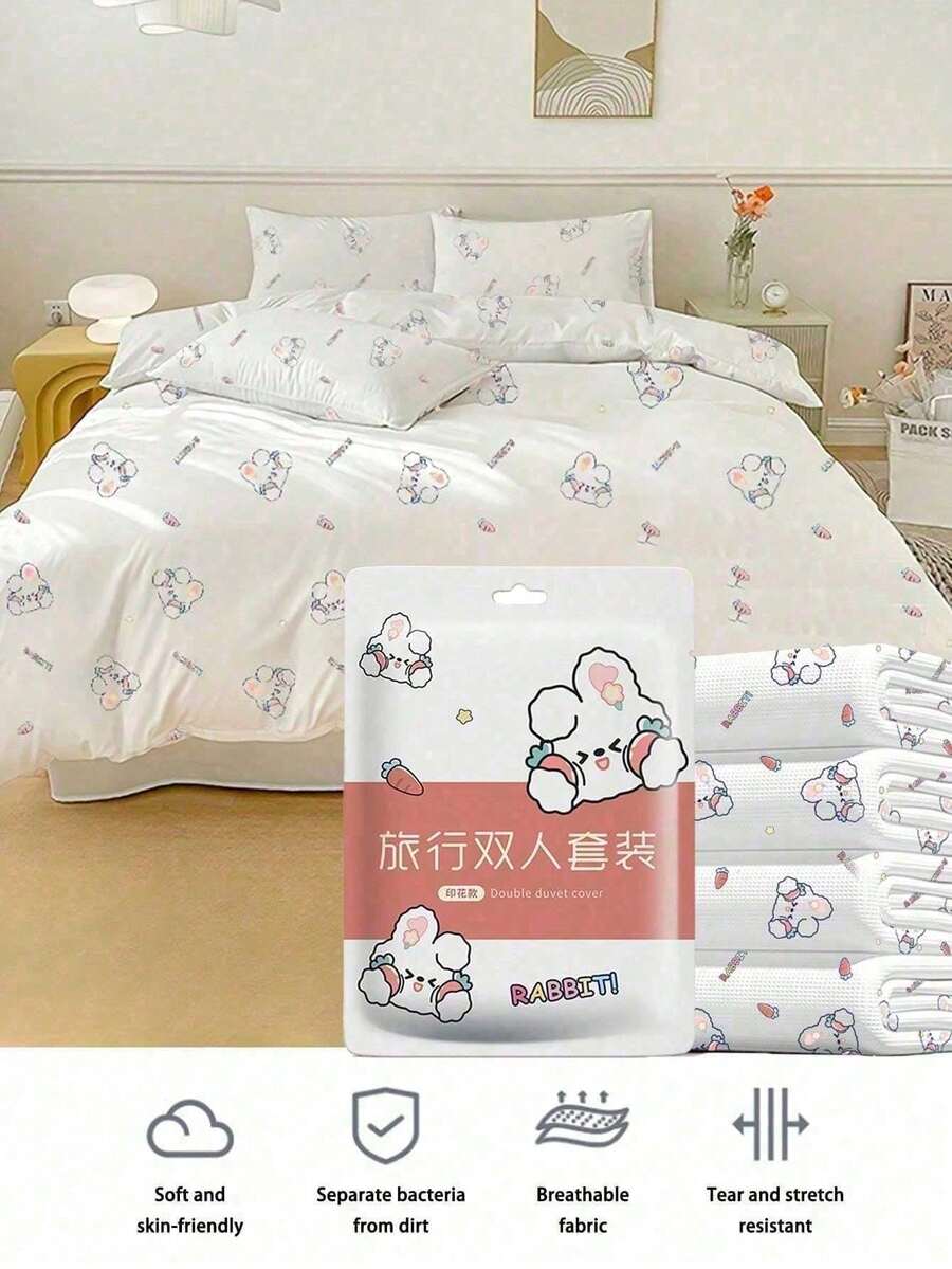 4件組粉色兔子飯店床單套件,一次性加厚雙人尺寸4件組,白色純色4件組,免洗一次性床單與枕套,乾淨衛生旅行必需品,床單與被套(隨機印花圖案) - 彩色 - 查看 1