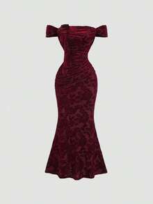 Women's Fitted Mermaid Maxi Dress With Off-The-Shoulder Design, Ruffles, And Vintage Velvet Trim - Color as Pic - View 1
