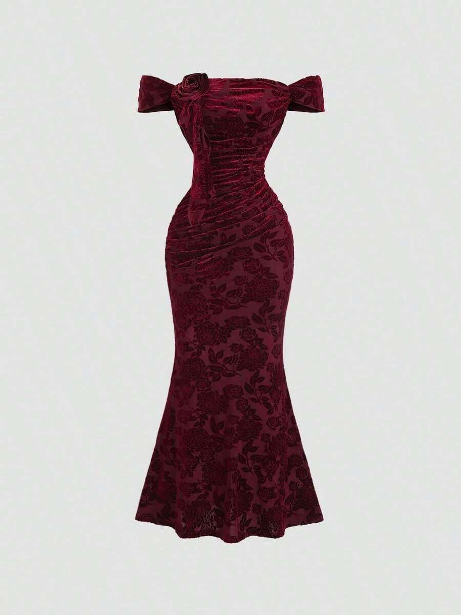 Women's Fitted Mermaid Maxi Dress With Off-The-Shoulder Design, Ruffles, And Vintage Velvet Trim - Color as Pic - View 1
