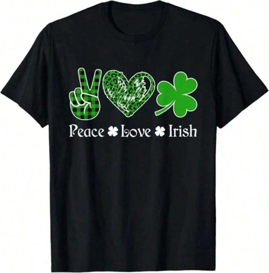 Modern Style Printed Cotton T-Shirts For Boys And Girls, Warrior K, Teen Clothing, Irish Peace Love T-Shirt, Peace Heart T-Shirt, Day T-Shirt - 黑色 - 查看 1
