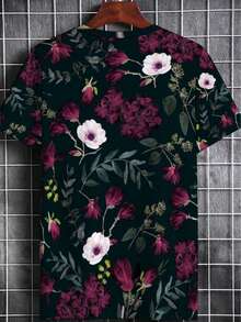 Men's Short Sleeve T-Shirt With Full Body Floral Print - Lightweight And Breathable Polyester Casual Top With Crew Neck, Dark Base And Pink/White Flowers - 黑色 - 查看 3