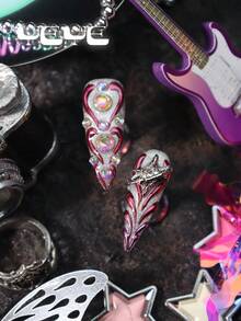 10pcs Stiletto Press On Nails,Silver Glitter,3d Metallic Purple Red Elements,Rhinestone Decor,Stone,Star,Heart, Full Cover Fake Press On Nails Set, Nail Art For Women & Girls,For Daily,Leisure,Vacation,Wedding,Holiday,Party Nail Supplies - Silver - View 6