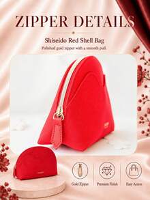 Shiseido حقيبة مكياج شيسيدو حمراء، تصميم بسحاب، خياطة متموجة، مدمجة وقابلة للحمل، قماش خفيف الوزن ومتين، مناسبة لتخزين السفر والحمل اليومي - الأحمر - مشاهدة 7