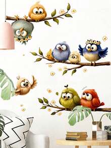 1pc Cartoon Cute Birds On Flower Branches Wall Decal Sticker, Removable Room Decor For Bedroom, Living Room, Kids Room - 1PC - View 4
