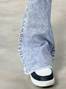 Girls' Vintage Washed Denim Jeans, Fashion Distressed Flare Leg Design, Streetwear, Campus, College Style - Blue - View 5