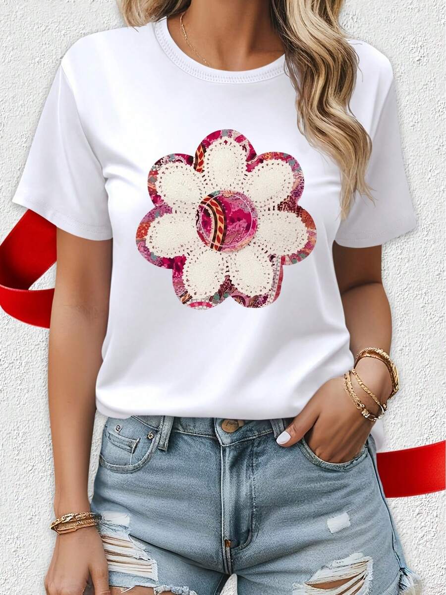 Women's Clothing 3388 # Elegant White Short Sleeve T-Shirt For Women, Fashionable Summer Blouse For Travel, Dates, Gifts, Vacation, Beach, With White Petal Center And Circle Pattern - 白色 - 查看 1