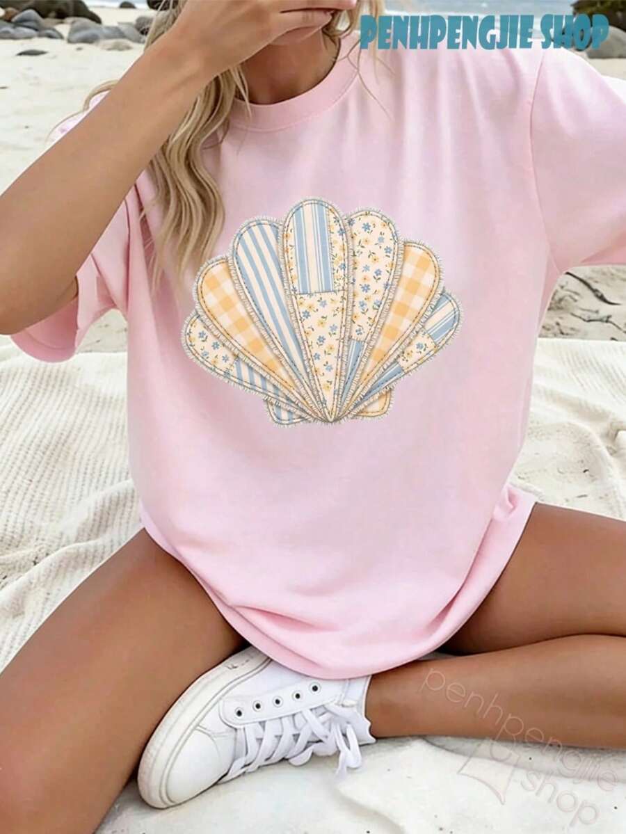 Women's Oversized T-Shirt With Seashell Design, Coastal Style, Casual Summer Tops, Clothing For 4th Of July, Graduation, Teacher's Clothing, Women's Summer Vacation - 淺粉色 - 查看 1