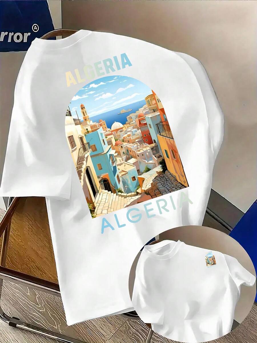 Camiseta de hombre con diseño arquitectónico 'Algeria' - Ropa casual de calle, corte regular, manga corta, top de verano, ropa para ocio y actividades. - Blanco - Ver 1