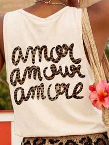 Amour 豹紋字母圖案女款無袖背心上衣，夏季度假海灘休閒圓領背心，白色 - 白色 - 查看 4