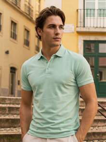 Men's Polo Shirt, Lightweight Fabric, Slim Fit Short Sleeve Solid Color Collared Top, Suitable For Daily Wear, Commute, Office, Light Exercise - Mint Green - View 2