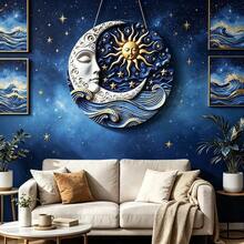 Hexenstil Sternenhimmel Boho runder Holz Wandbehang Dekoration, handbemalte 3D geprägte goldene Sonnenfigur, schlafender Sichelmond, Sterne und blaue Wellen geschnitzte Plakette, geeignet für Astrologie-Enthusiasten spirituelle Heimdekoration, Schlafzimmer Lounge Wanddekoration - Verschiedenfarbig - Übersicht 3