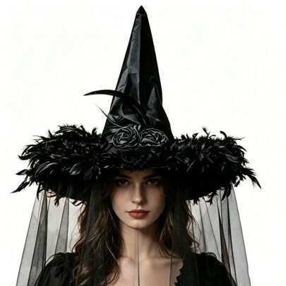 1pc Halloween Pleated Witch Hat, Witch Hat, Festival Party Costume, Black Tassel Wizard Hat