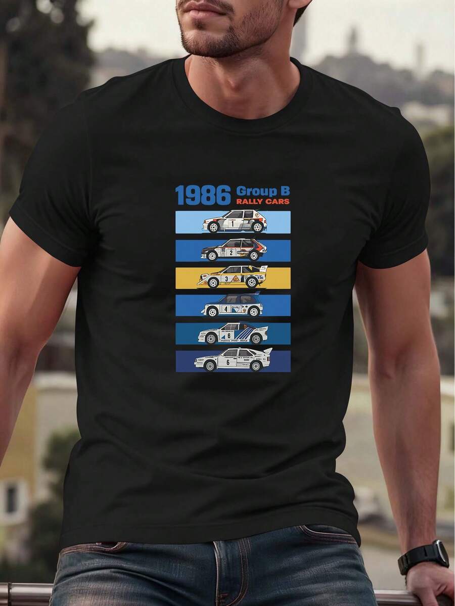 Men's Vintage T-Shirt With 1986 Group B Rally Car Design - Retro Racing T-Shirt Suitable For Racing Enthusiasts, Casual Short Sleeve Crew Neck T-Shirt - Black - View 1