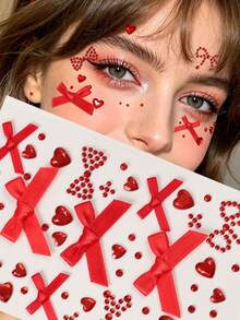 Red Bow Heart 3D Glitter Face Gems Y2K Self-Adhesive Rhinestones, DIY Concert Disco Party Shiny Face Decoration - Red - View 1