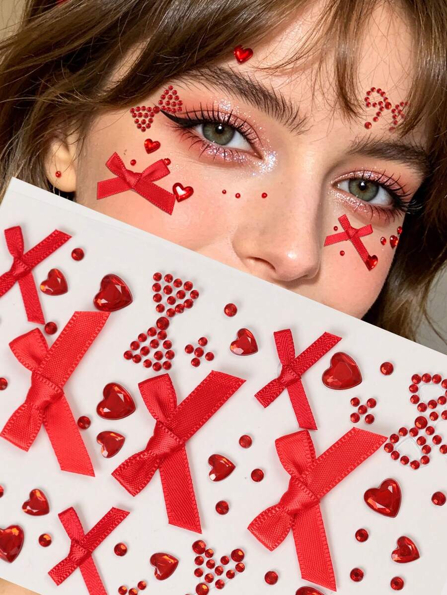 Red Bow Heart 3D Glitter Face Gems Y2K Self-Adhesive Rhinestones, DIY Concert Disco Party Shiny Face Decoration - Red - View 1