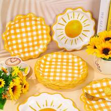 10/20/40pcs 9 Inch Bohemian Sun Paper Plates, Scalloped Edge, Yellow Plaid Pattern, Disposable Dessert Plates For Birthday Party, Baby Shower Party Supplies - Sun - View 2
