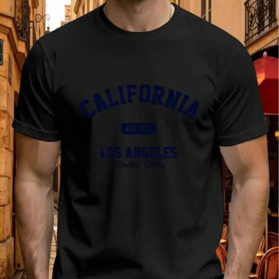 Camiseta básica blanca CALIFORNIA estilo casual para tu día a día,blanco con letras azules,Camiseta California ModaCasual,Unisexo - Negro - Ver 1