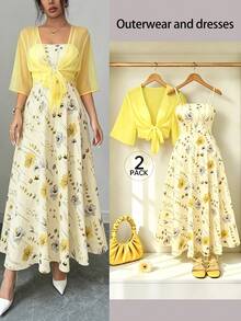 Setelan Dua Potong Gaun dan Jaket Chiffon Motif Bunga Matahari Elegan untuk Wanita, Busana Pantai Musim Semi yang Anggun - MultiWarna - View 9