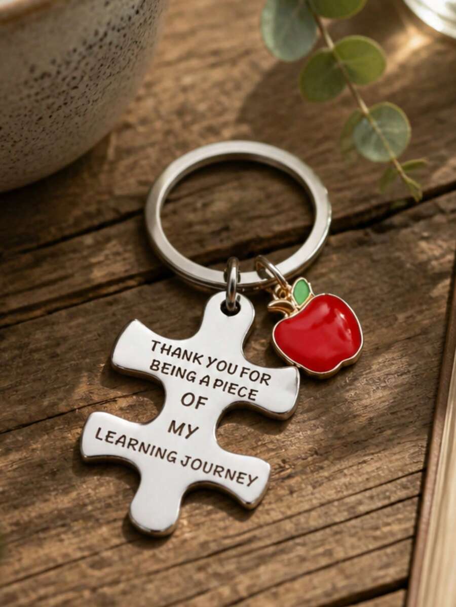 鋅合金拼圖鑰匙圈附紅色蘋果吊飾,感謝老師返校禮物吊飾 - 彩色 - 查看 1
