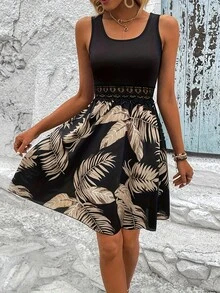 Vestido sin mangas con estampado tropical y ribete de encaje, ropa de mujer transfronteriza - Gris - Ver 1